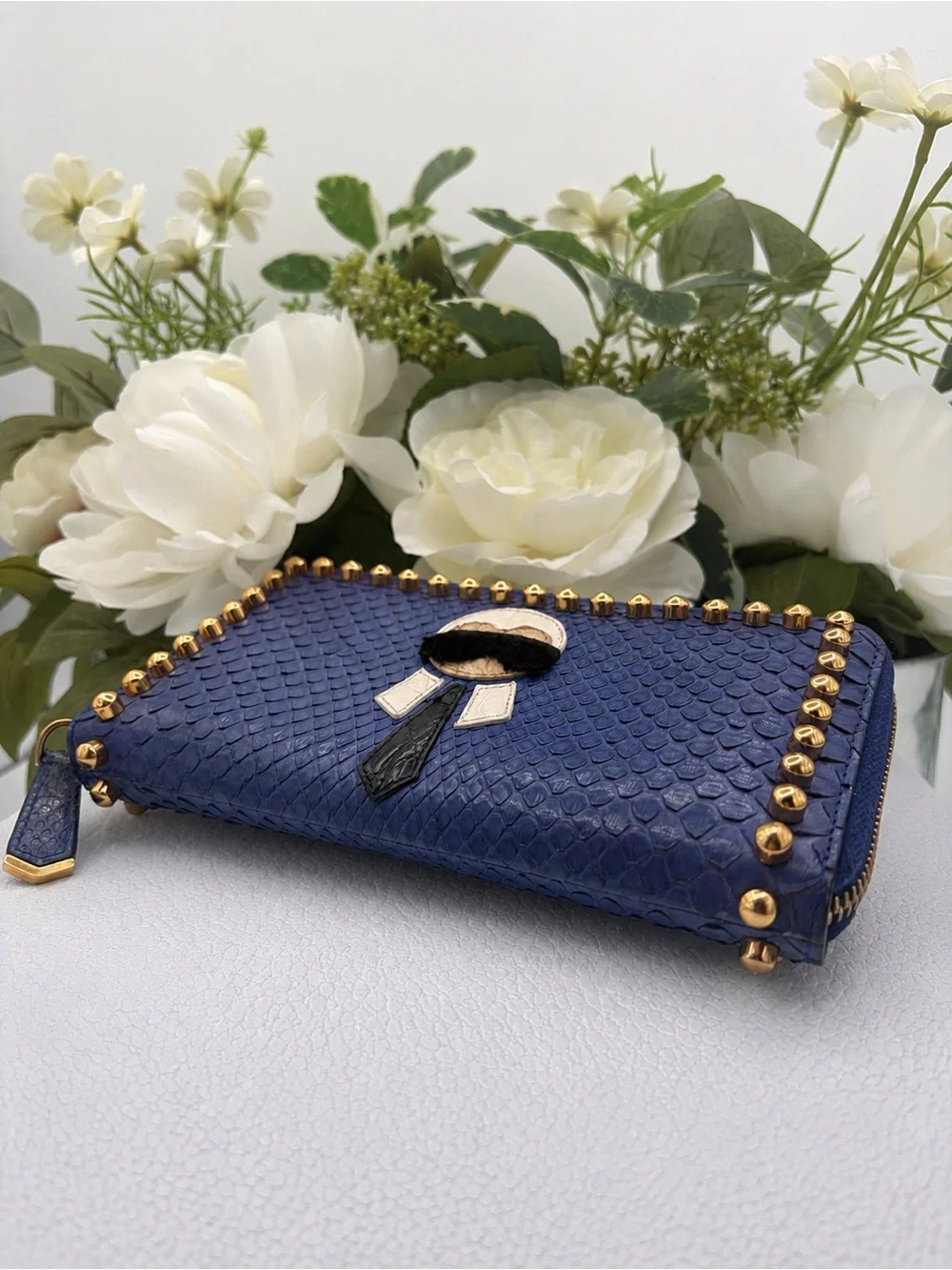 Fendi Karlito Blue Python Snakeskin Studded Zip Wallet Rare Colorway✨✨ W/ COA